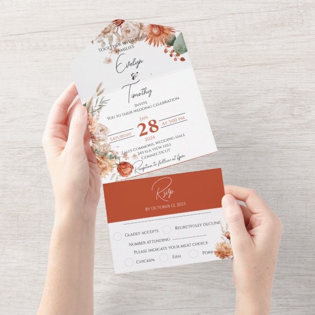 Terracotta Rustic Floral All in One Wedding Invite (Tearaway)