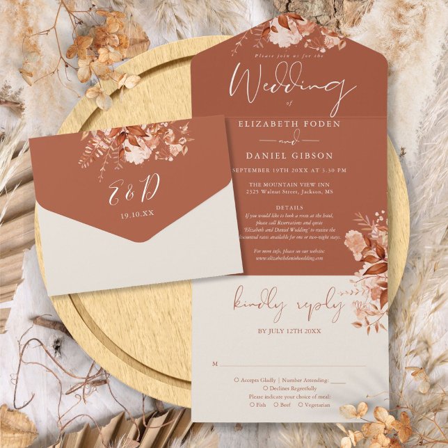 Terracotta Rustic Floral Details RSVP Fall Wedding All In One Invitation (Terracotta Rustic Floral Details RSVP Fall Wedding All In One Invitation)