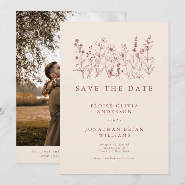 Terracotta Rustic Floral Fall Wildflower Photo Save The Date (Front/Back)