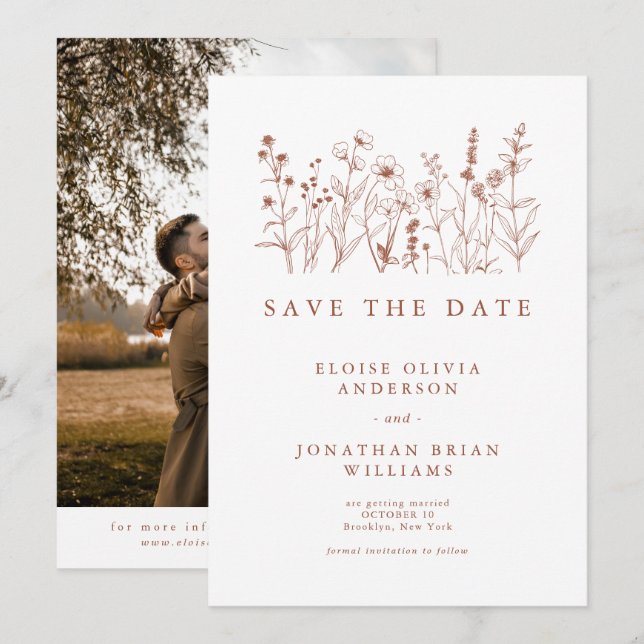 Terracotta Rustic Floral Fall Wildflower Photo Save The Date (Front/Back)