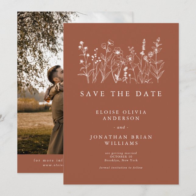 Terracotta Rustic Floral Fall Wildflower Photo Save The Date (Front/Back)