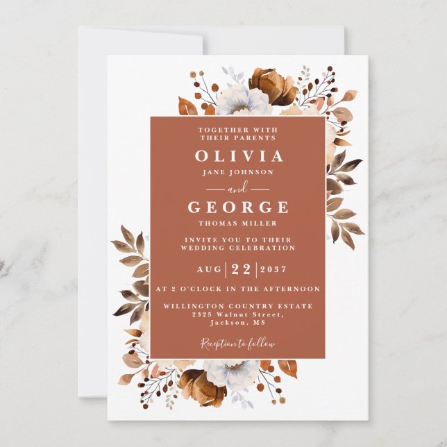 Terracotta Rustic Floral QR Code Wedding Invitation (Front)