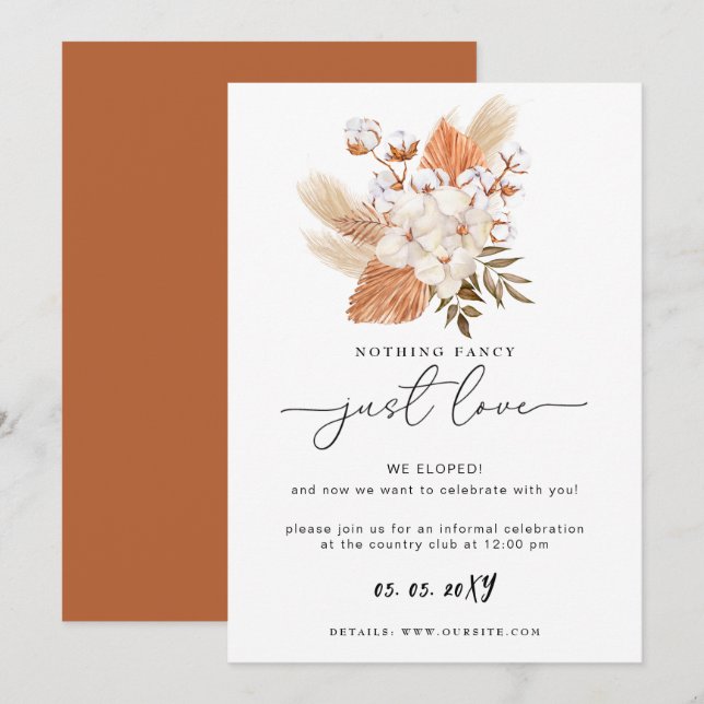 Terracotta Rustic Pampas Grass Wedding Reception Card (Front/Back)