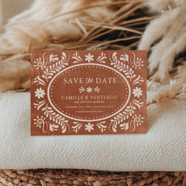 Terracotta Rustic Papel Picado Save the Date (Rustic Papel Picado Save the Date Card)
