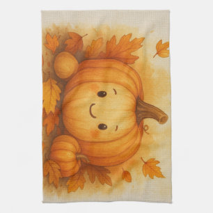 terracotta Rustic Pumpkin & Autumn Leaves Kitchen Towel