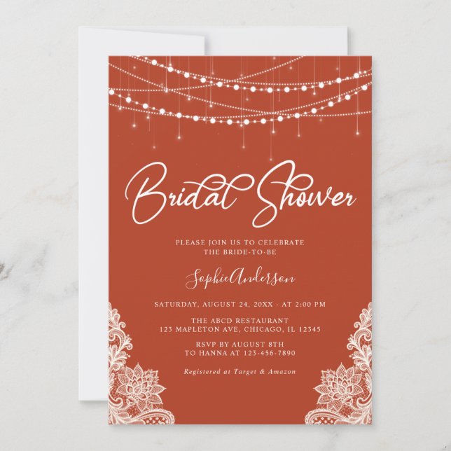 Terracotta Rustic String Lights Lace Bridal Shower Invitation (Front)