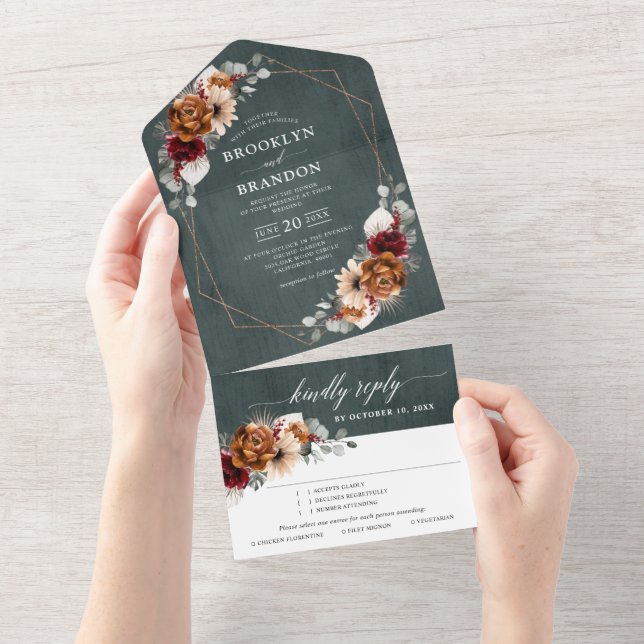 Terracotta Sage Burgundy Floral Geometric Wedding All In One Invitation (Tearaway)
