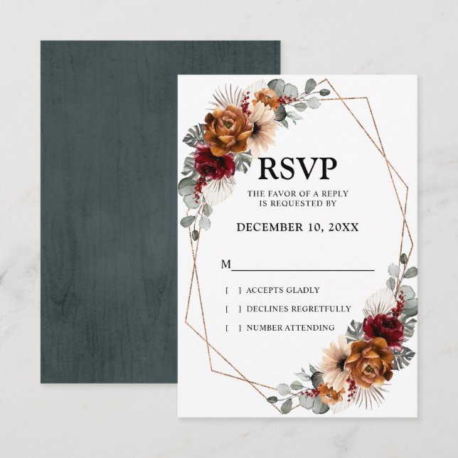 Terracotta Sage Burgundy Greenery Geometric Weddin RSVP Card (Front/Back)