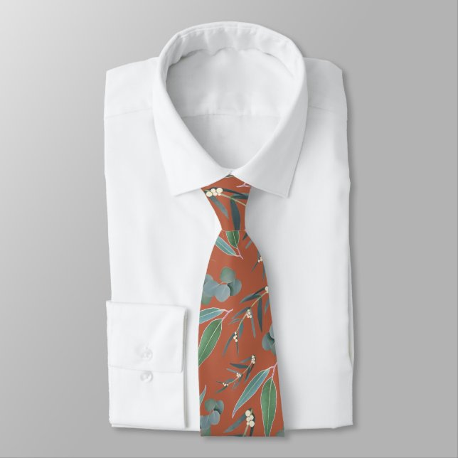 Terracotta Sage Green Eucalyptus Greenery Pattern Tie (Tied)
