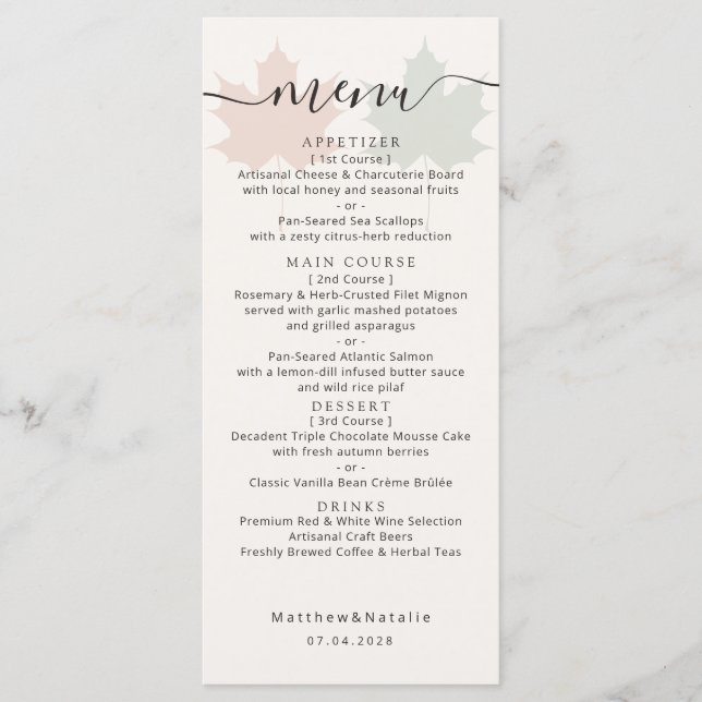 Terracotta Sage Maple Leaf Wedding Typography Menu (Front)