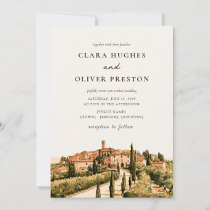 Terracotta Sage Script Tuscany Hill Town Wedding Invitation