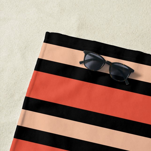 Terracotta Salmon and Black Stripe Cabana Style Beach Towel (In Situ)