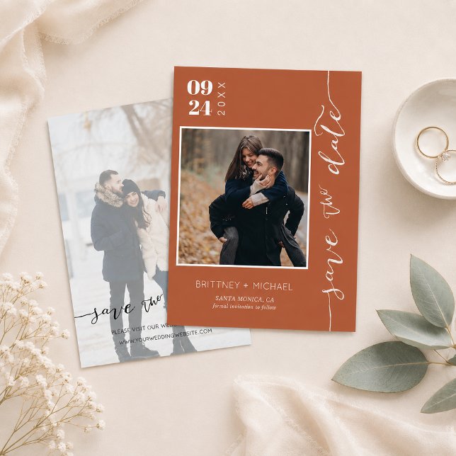 Terracotta Save the Date Photo (Trendy terracotta save the date featuring modern minimalist, elegant handwritten flat card)