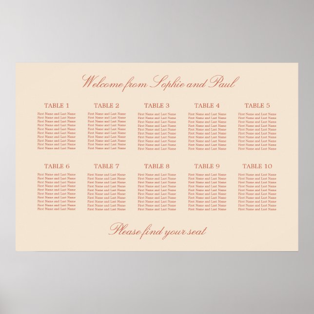 Terracotta Script 10 Table Seating Chart Poster (Front)