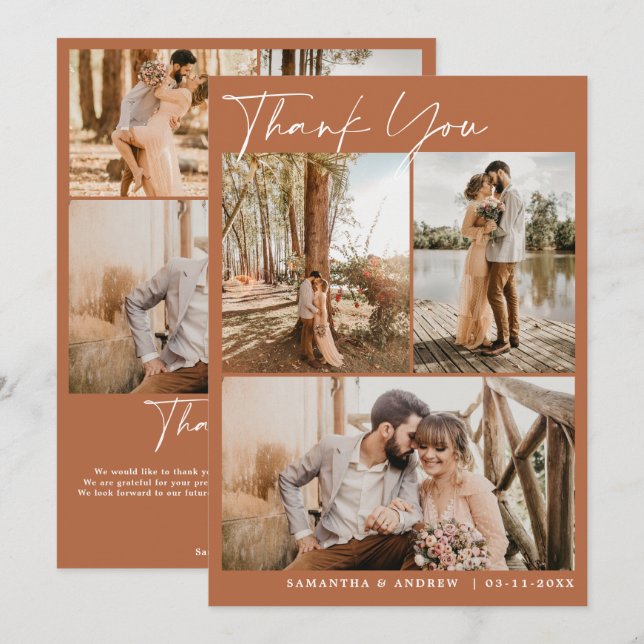 Terracotta script chic 6 photos wedding thank you card (Front/Back)