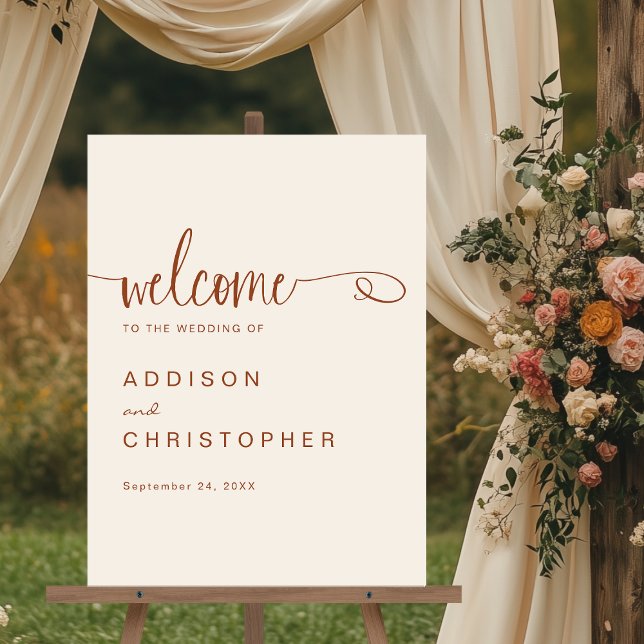 Terracotta Script Modern Minimal Wedding Welcome Acrylic Sign (Shown on an 18" x 24" acrylic sign)