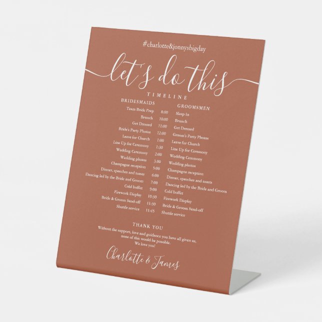 Terracotta Script Wedding Schedule Timeline Pedestal Sign (Front)