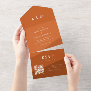Terracotta Shades Boho Waves Qr Code Website Brown All In One Invitation
