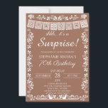 Terracotta Shhh It's a Surprise 70th Birthday Invitation<br><div class="desc">Shh — don't spill the secret! Plan the perfect surprise fiesta with this elegant Mexican-inspired surprise birthday invitation! Featuring playful "shhh… it's a Surprise!" text, a white papel picado banner, intricate folk art floral border, and two lovebirds at the bottom on a warm terracotta brown background. Sophisticated yet fun, this...</div>