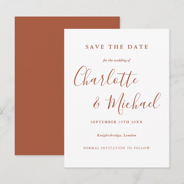 Terracotta Signature Script Wedding Save the Date Postcard (Front/Back)