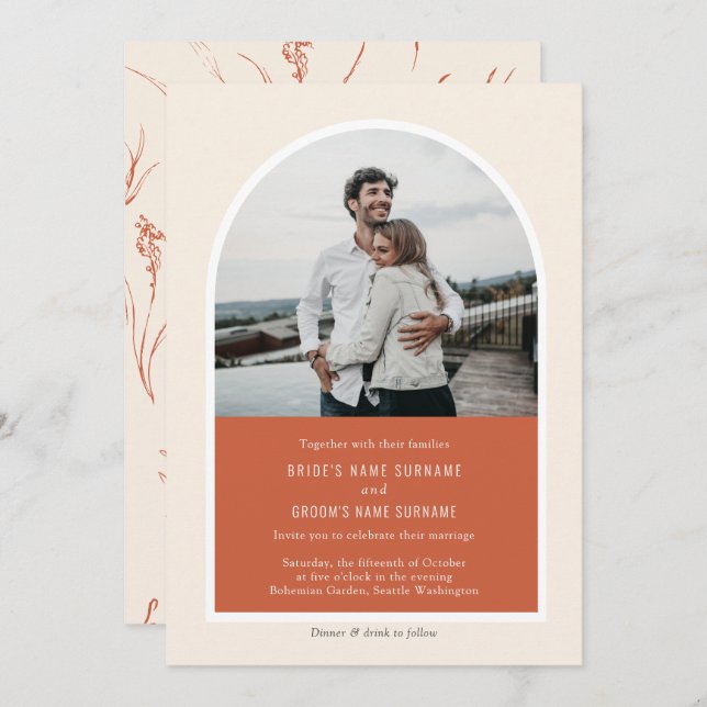 Terracotta Simple Modern Arch Photo Wedding Invita Invitation (Front/Back)