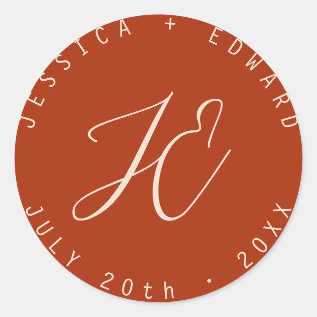 Terracotta Simple Monogram Modern Minimal Script Classic Round Sticker (Front)