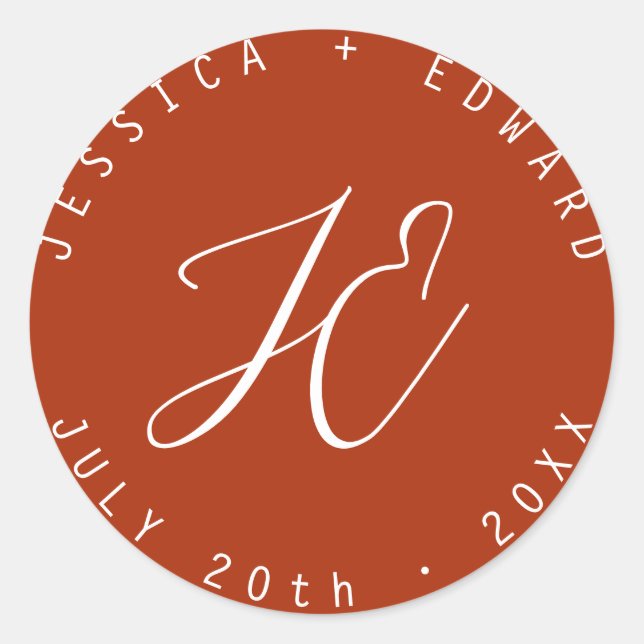 Terracotta Simple Monogram Modern Minimal Script Classic Round Sticker (Front)