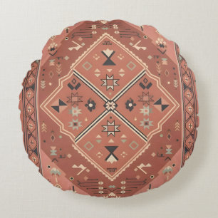Terracotta Southwestern Tribal Geometric Art Round Pillow