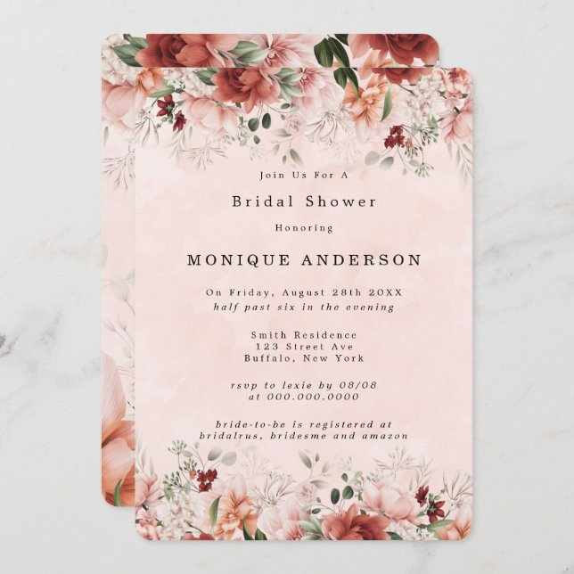 Terracotta Spring Fall Floral Bridal Shower Invitation (Front/Back)