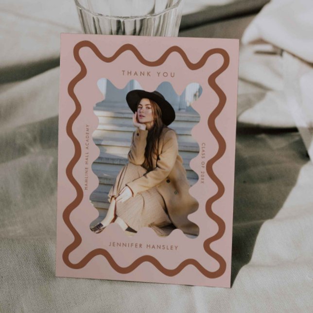 Terracotta Squiggly Wavy Line Graduation Thank You Announcement (Creator Uploaded)