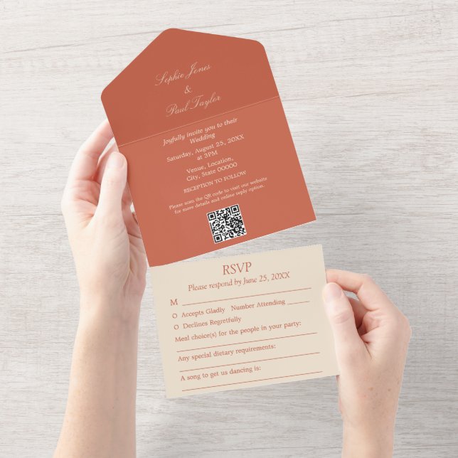 Terracotta Straw Beige All in One Wedding Invite (Tearaway)