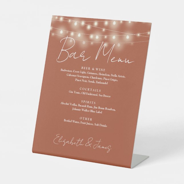 Terracotta String Lights Elegant Script Bar Menu Pedestal Sign (Front)