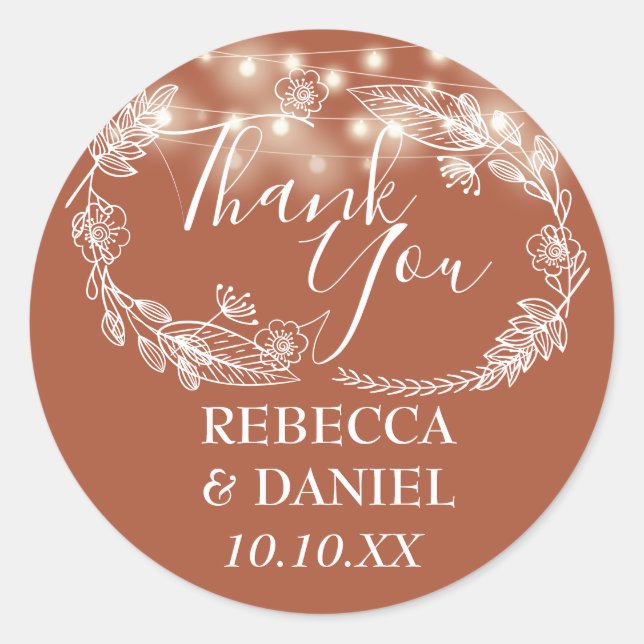 Terracotta String Lights Floral Thank You Classic Round Sticker (Front)