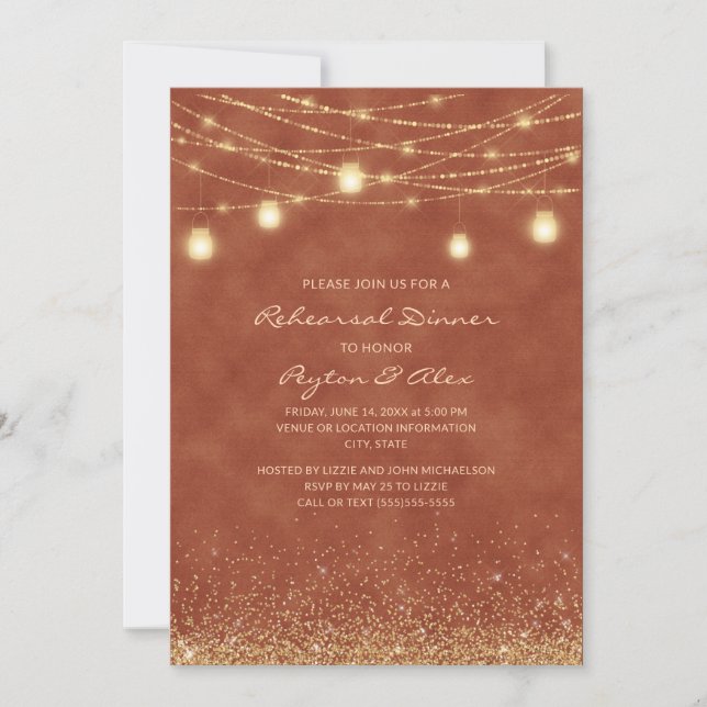 Terracotta String Lights Glitter Elegant Rehearsal Invitation (Front)