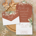 Terracotta String Lights Greenery Monogram Wedding All In One Invitation<br><div class="desc">All in one terracotta wedding invitation featuring pretty string lights,  floral greenery and elegant typography. The invitation includes a perforated RSVP card that can be individually addressed or left blank for you to handwrite your guest's address details. Designed by Thisisnotme©</div>