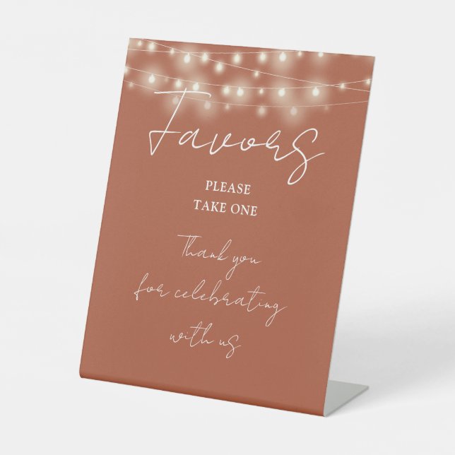 Terracotta String Lights Modern Script Favours Pedestal Sign (Front)