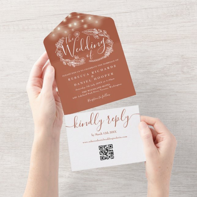 Terracotta String Lights QR Code Wedding All In One Invitation (Tearaway)