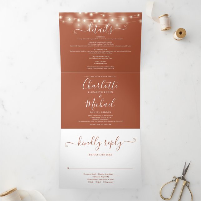 Terracotta String Lights Script Monogram Wedding Tri-Fold Invitation (Inside)