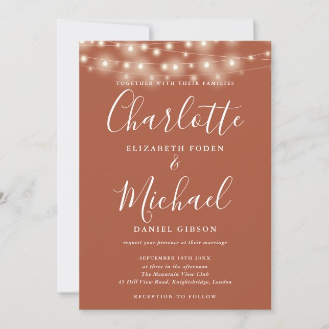 Terracotta String Lights Script Photo Wedding  Invitation (Front)
