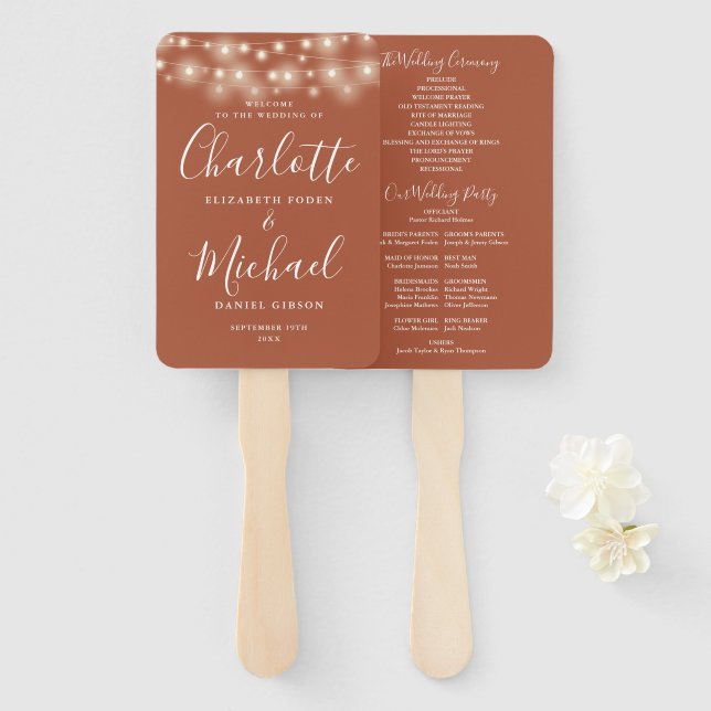Terracotta String Lights Script Wedding Program Hand Fan (Front and Back)