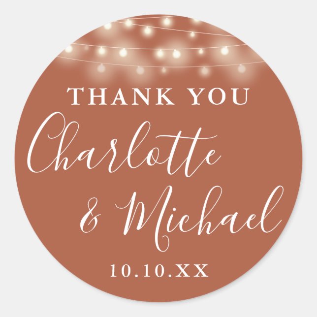 Terracotta String Lights Wedding Favour Thank You  Classic Round Sticker (Front)