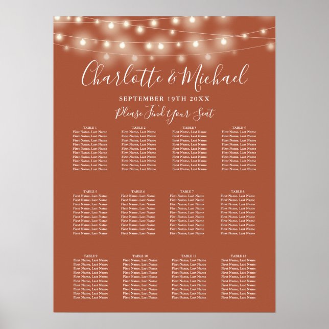 Terracotta String Lights Wedding Seating Chart (Front)