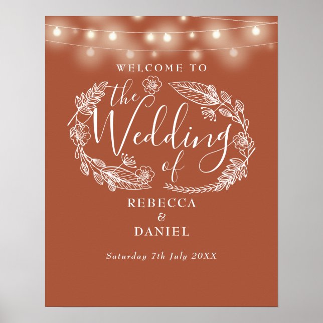 Terracotta String Lights Wedding Welcome Sign (Front)