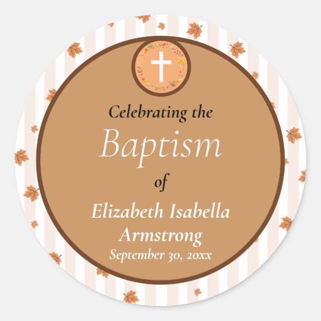 Terracotta Stripe and Leaf Wreath Fall Baptism Classic Round Sticker (Front)