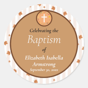 Terracotta Stripe and Leaf Wreath Fall Baptism Classic Round Sticker