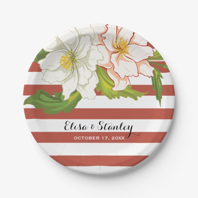 Terracotta stripes, flowers modern floral wedding paper plate (Front)