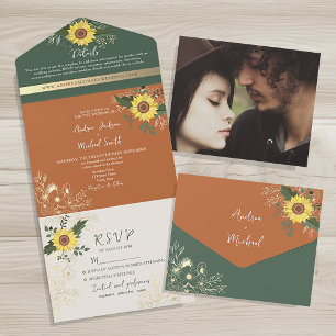 Terracotta Sunflower Boho Wedding All In One Invitation