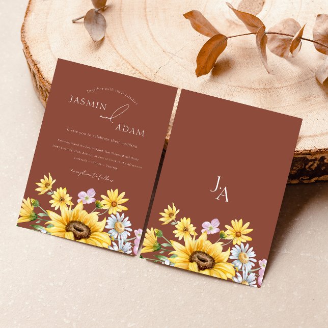 Terracotta Sunflower Monogram Floral Wedding Invitation (Summer Terracotta Sunflowers Monogram Wedding Invitation)