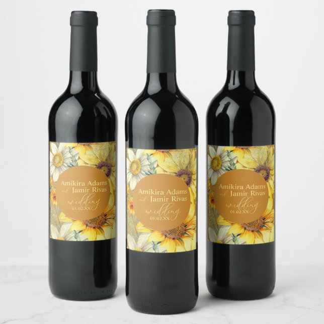 Terracotta Sunflowers Wildflowers Wedding Wine Label (Bottles)