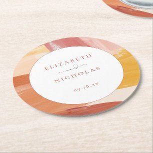 Terracotta Sunrise Monogram Wedding Round Paper Coaster